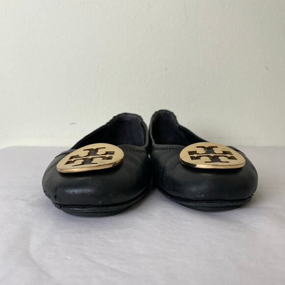 Tory Burch Reva Flats Size 8 Black Gold Leather Logo Travel Ballet *well worn - Picture 7 of 13